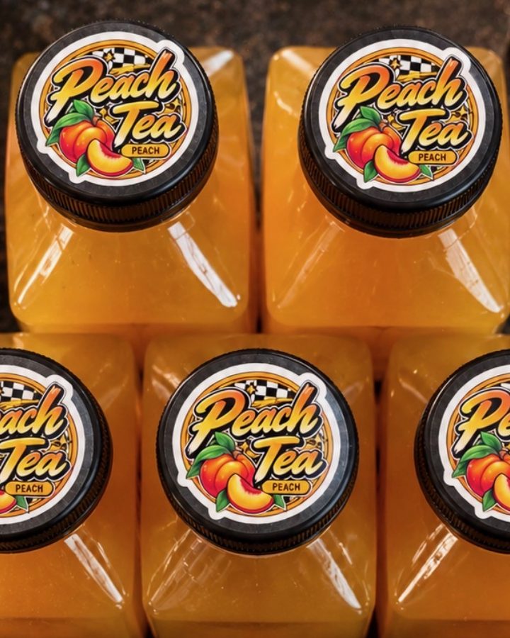 Peach Tea bottles with Peach Tea labels on the caps